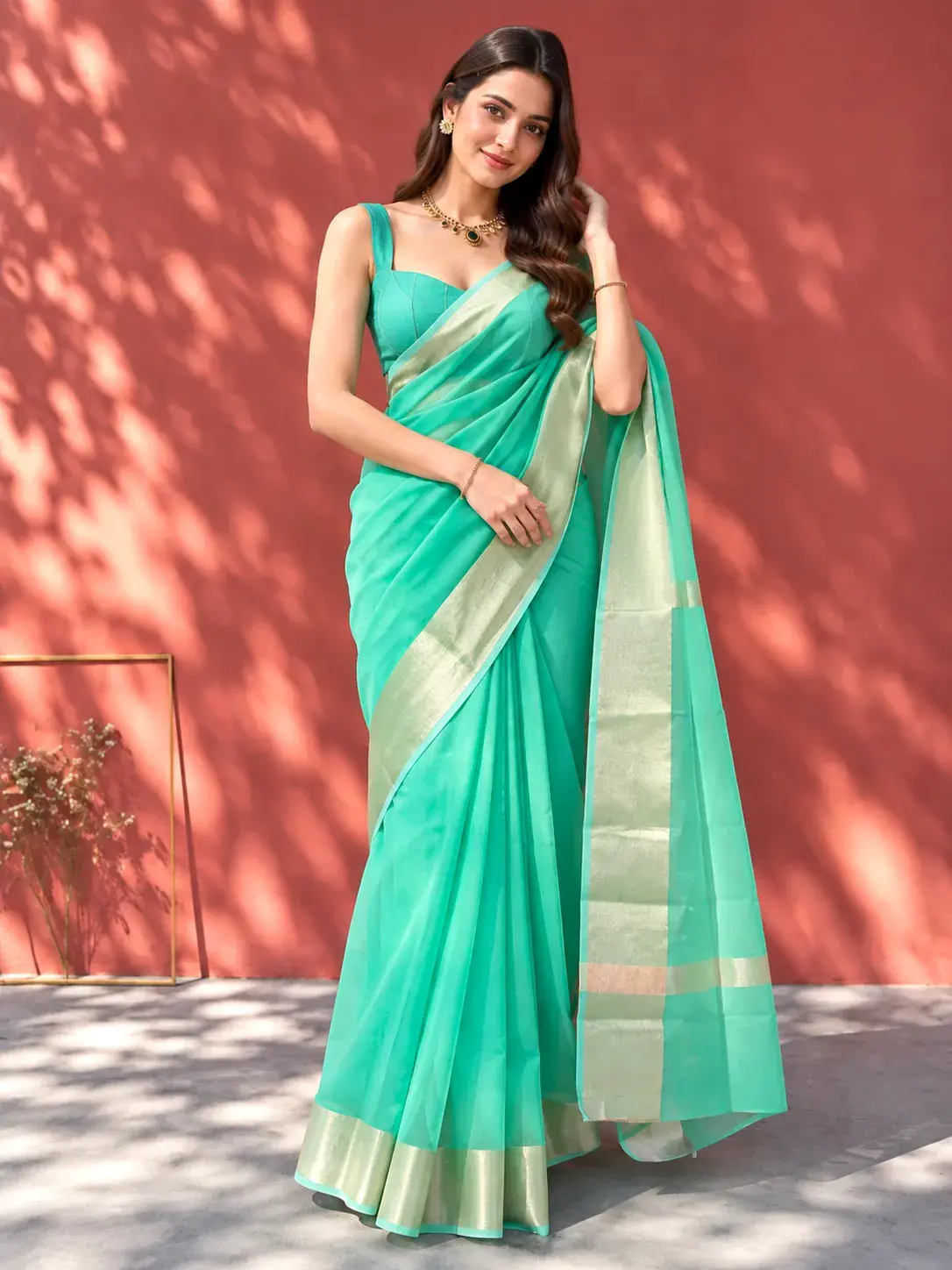 Women’s Sea Foam Green Cotton Designer Saree with Zari Border image main view