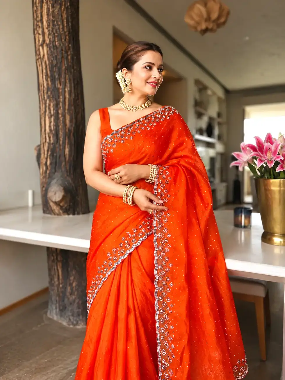 Spanish Orange Satin Silk Saree with Silver Stone Scallop Border image main view