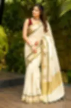 Premium Swan Woven Temple Kasavu Cotton Saree with Tassels image full view