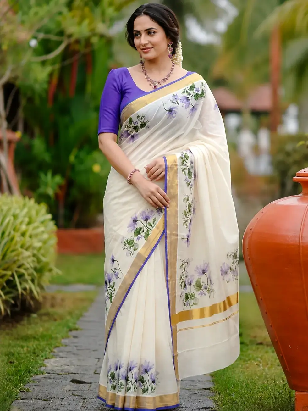 Phool Designer Kerala Cotton Kasavu Saree with Purple Border image main view