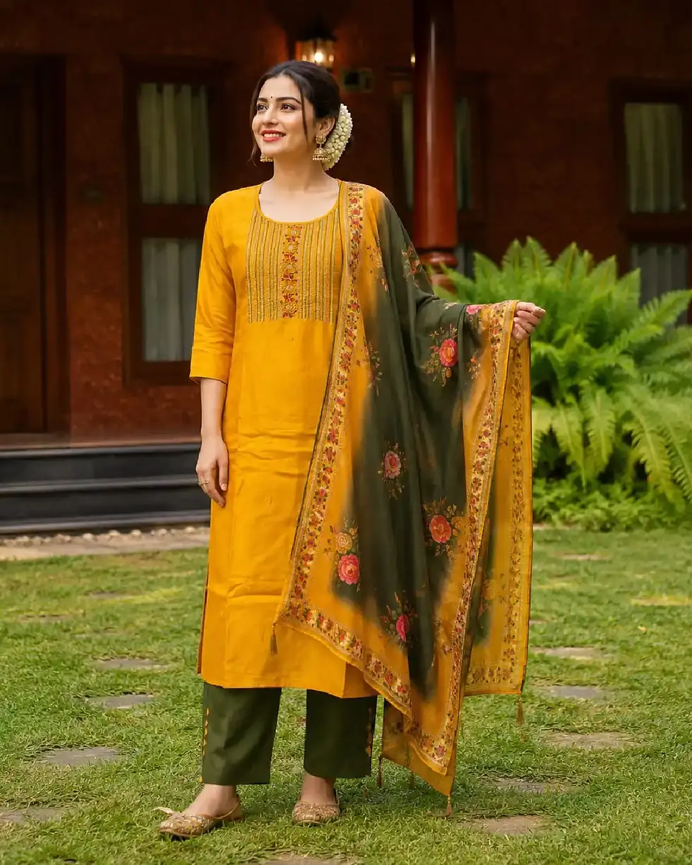 Mustard Yellow Floral Embroidery Beads Kurti Set image main view