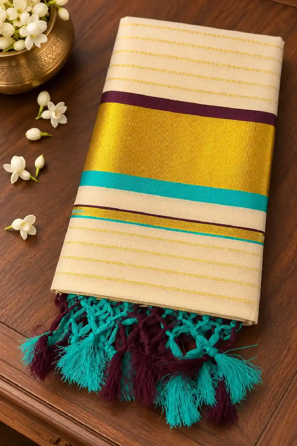 Thumbnail: Premium Turquoise & Coffee Brown Stripe Tissue Kasavu Saree image folded view
