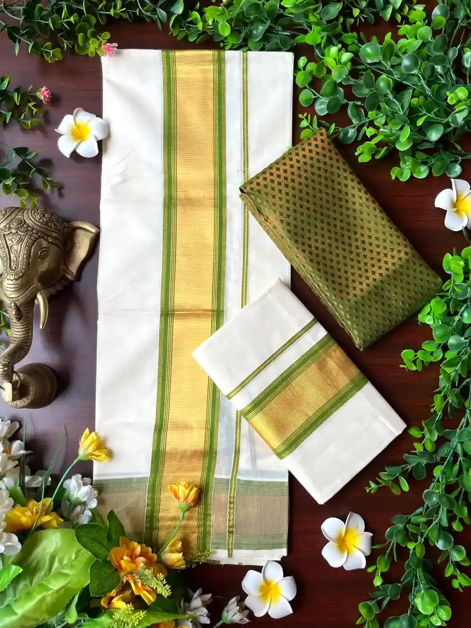 Sage Green Cotton Kasavu Set Mundu with Blouse image full view