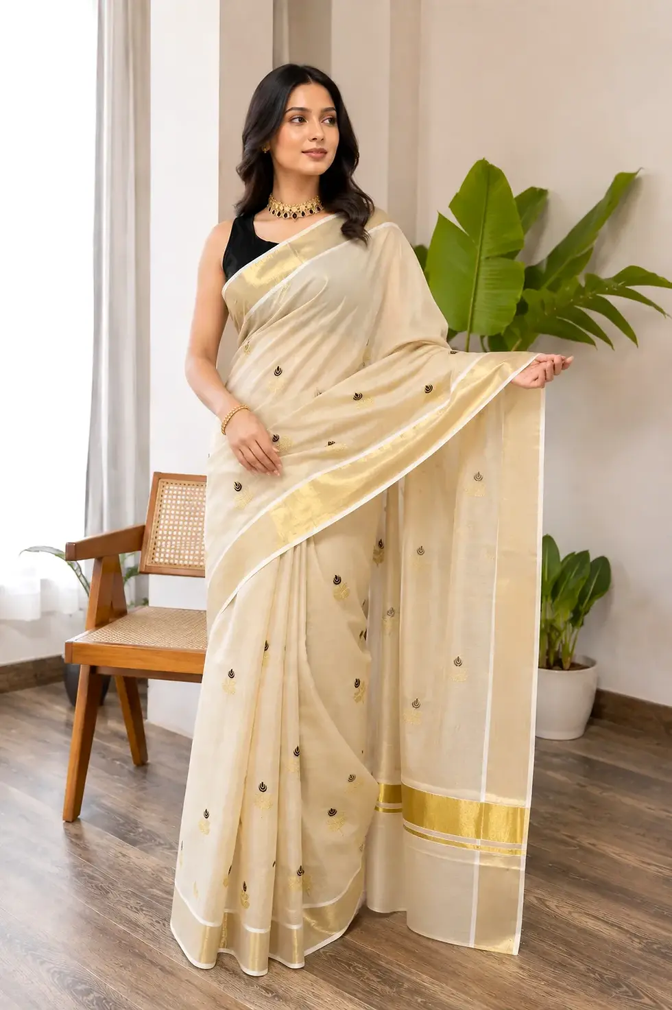 Black Embroidery Kasavu Tissue Saree image main  view