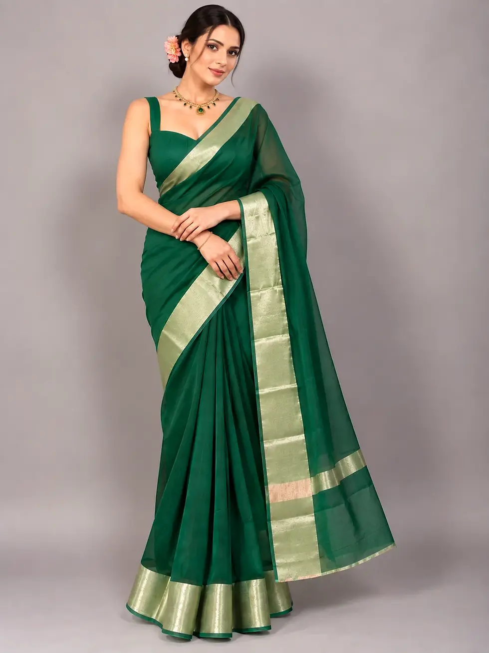 Thumbnail: Emerald Green Cotton Saree with Traditional Zari Border image full view