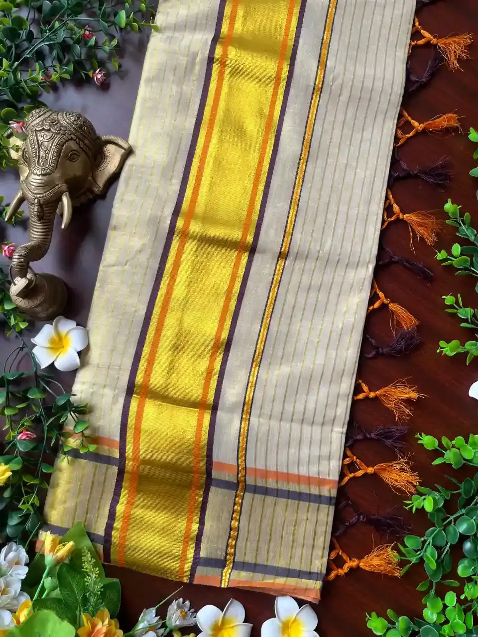 Thumbnail: Coffee Brown Oranage Stripe Tussel Tissue Kerala Kasavu Saree image full view
