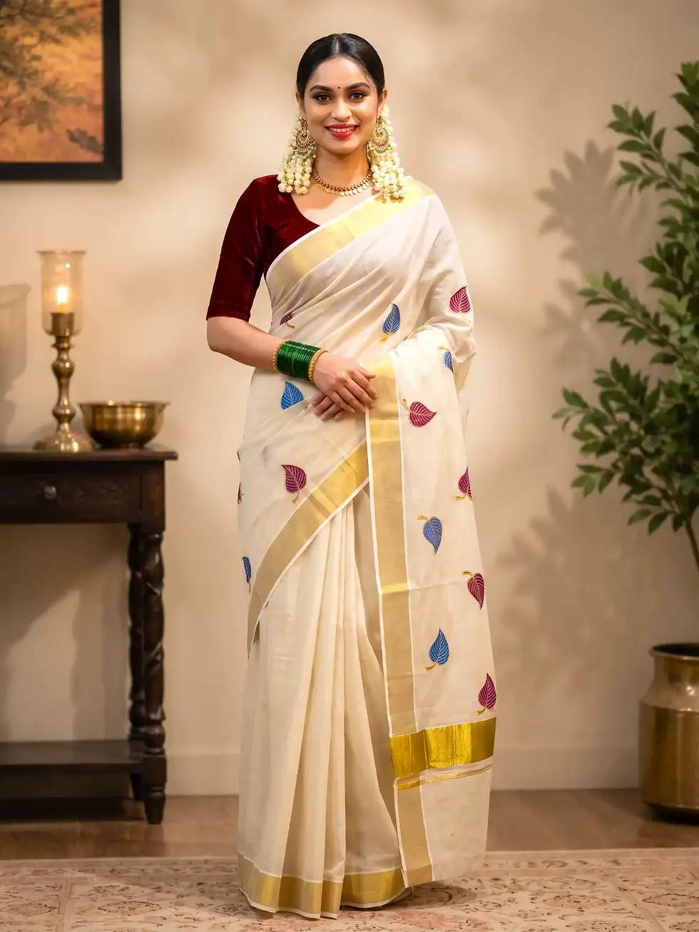 Thumbnail: Blue Voilet Embroidery Cotton Kerala Kasavu Saree image main view