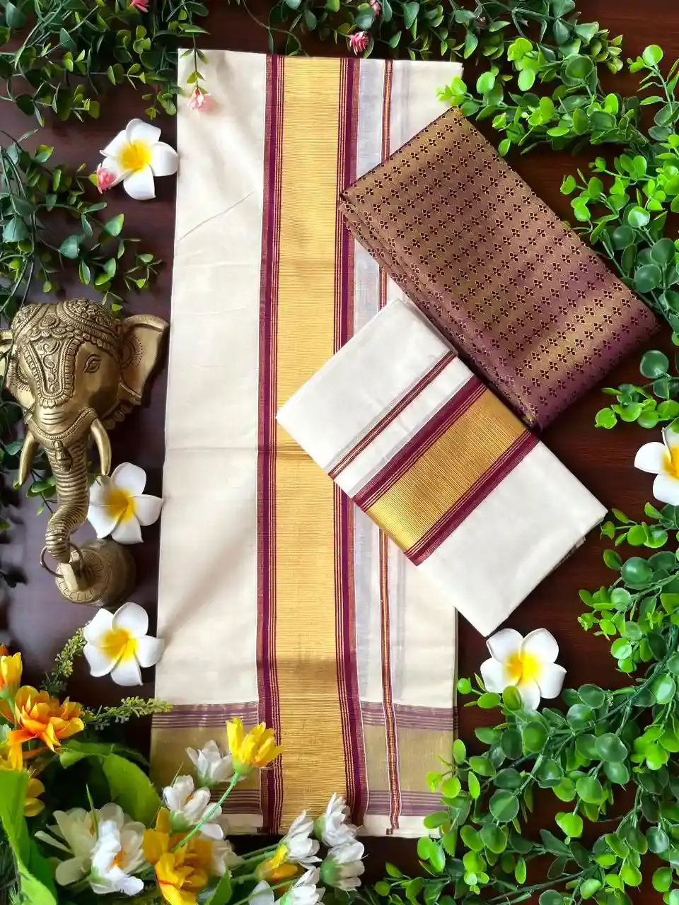 Grape Wine Cotton Kasavu Set Mundu with Blouse image main view