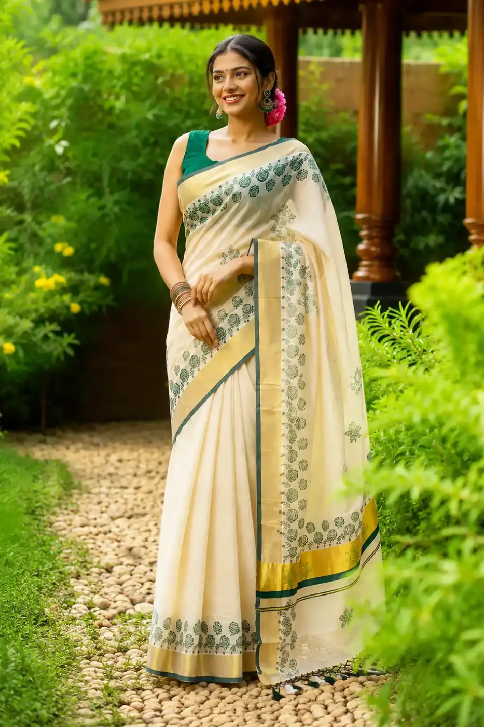 Premium Green Rose Kasavu Tissue Saree with Running Blouse image full view