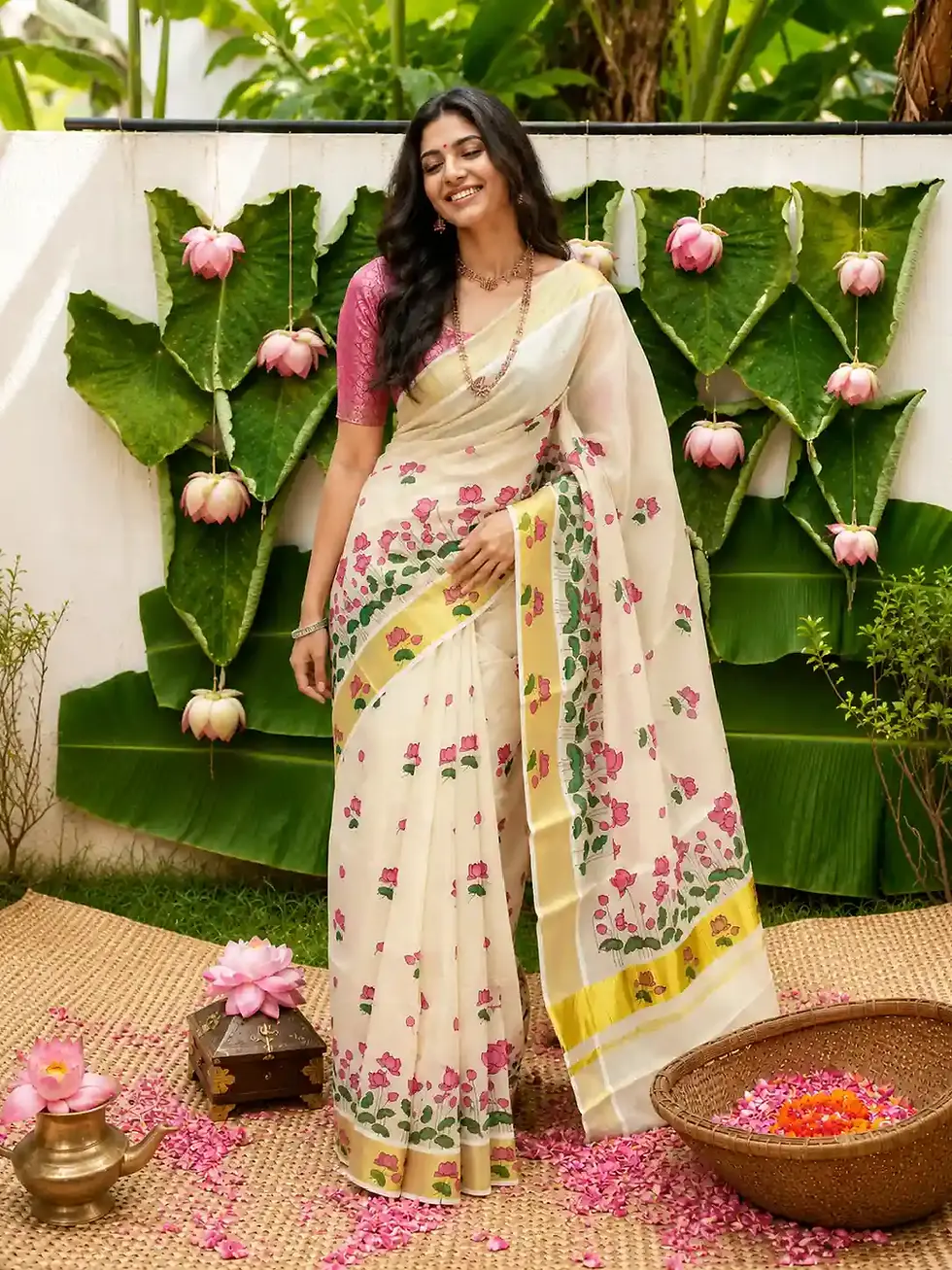 Premium Thamara Designer Kasavu Cotton Saree with Running Blouse image full view