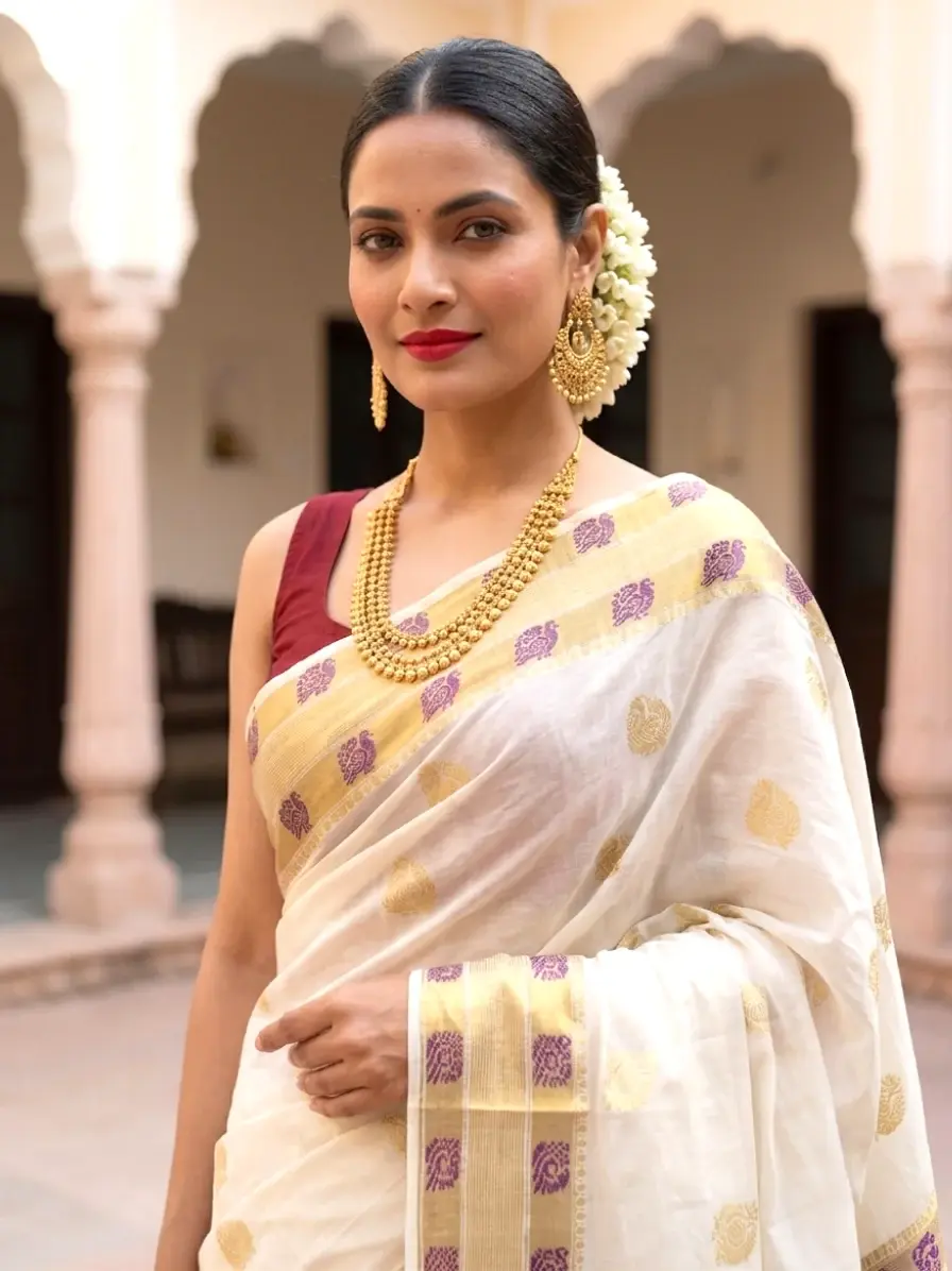 Golden Peacock Jacquard Cotton Kerala Kasavu Saree image closed view