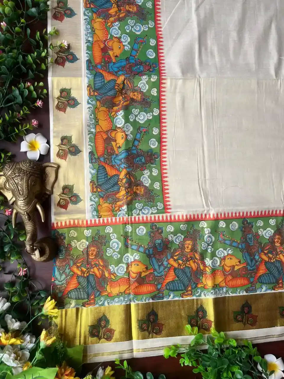 Thumbnail: Multi Color Radha Krishna Gomadha Motif Tissue Kerala Kasavu Saree image close up view