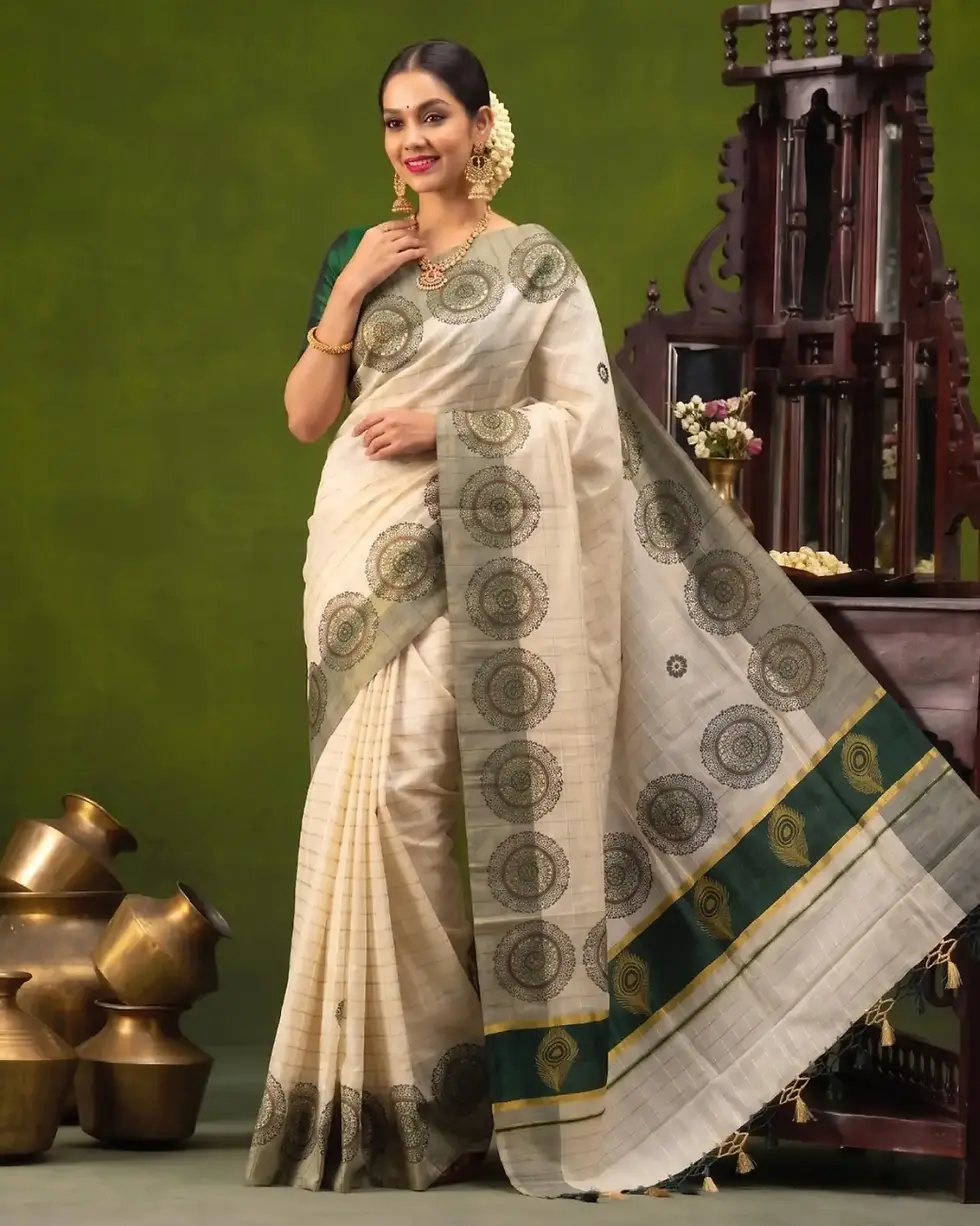 Pine Green Chakra Motif Check Tussel Tissue Kerala Kasavu Saree with Blouse image main view