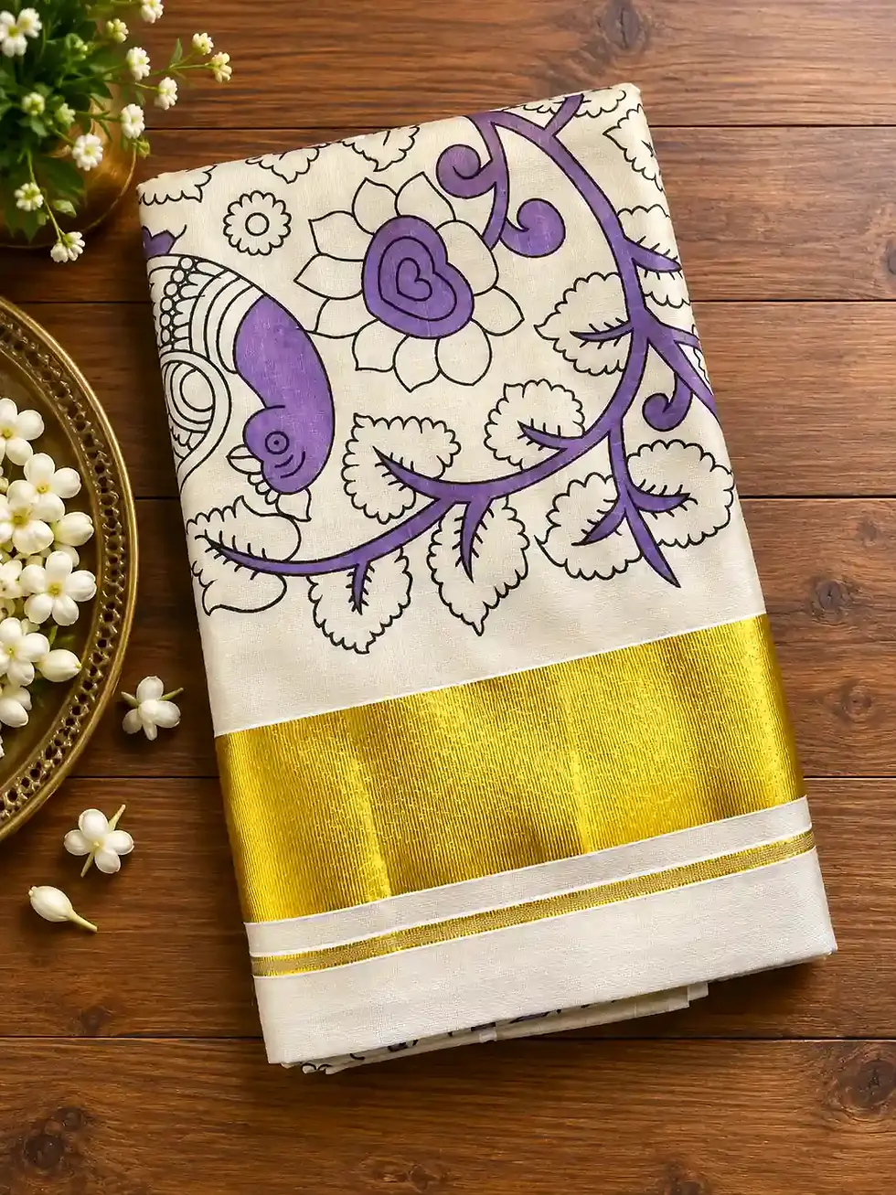 Lavender Mayura Orange Gajah Motif Tissue Kerala Kasavu saree image folded view