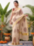 Crimson Chakra Circular Motif Tissue Kerala Kasavu Saree image top to Main view