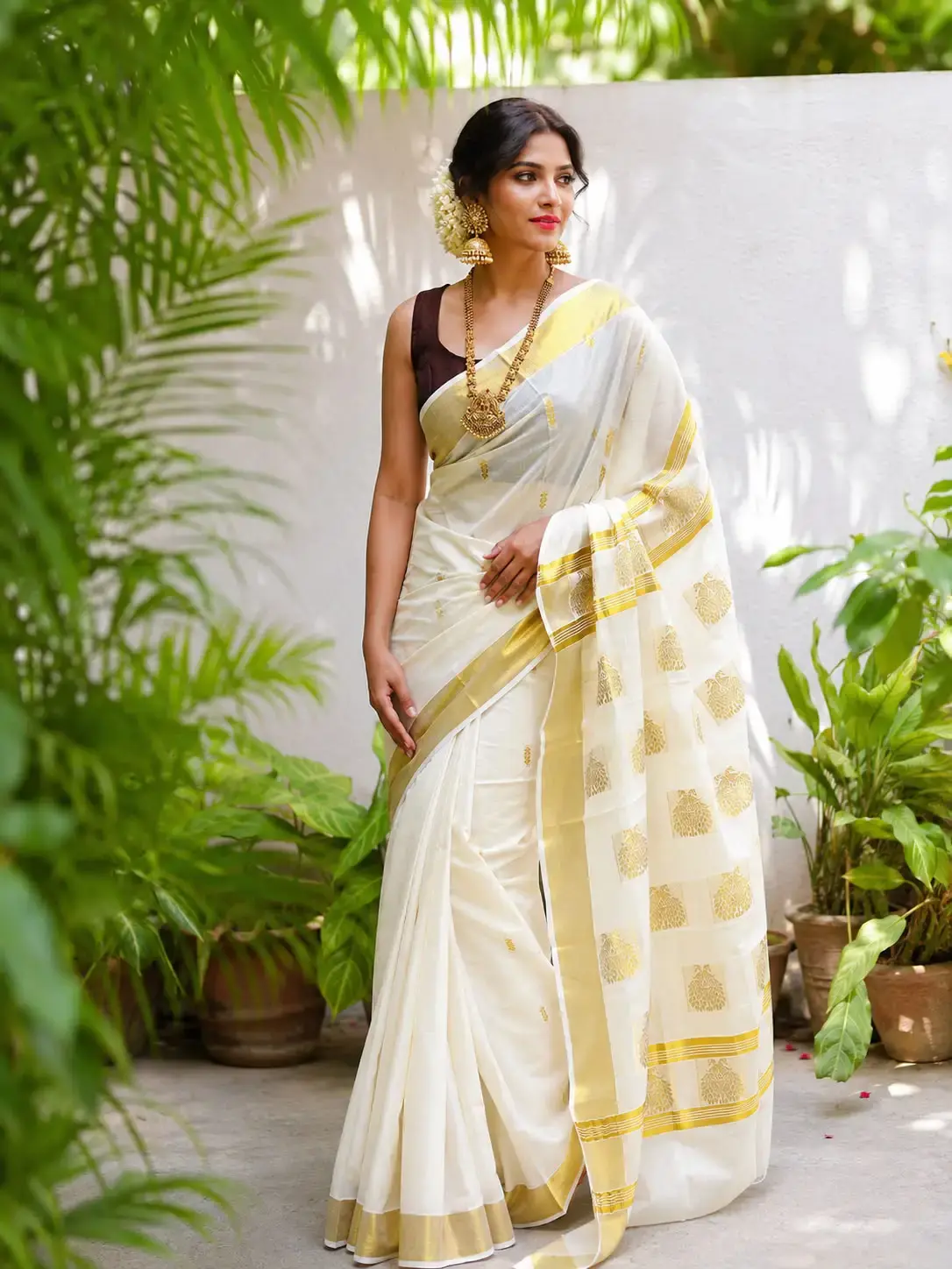Golden Mayura Jacquard Cotton Kerala Kasavu Saree image ful view