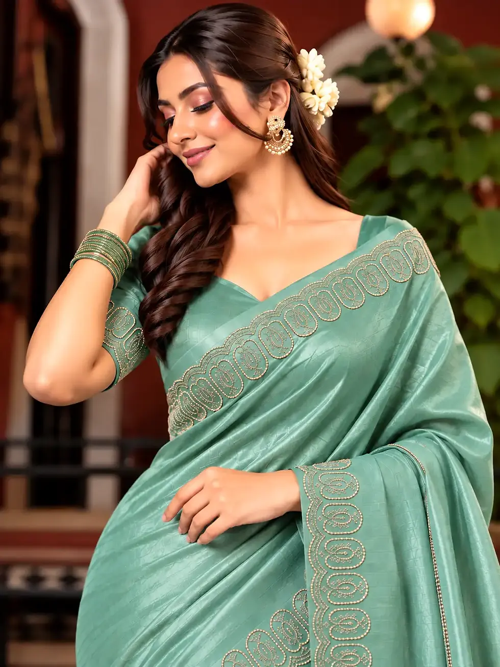 Soft Sage Green Designer Silk Saree with Beads Embroidery image close up view