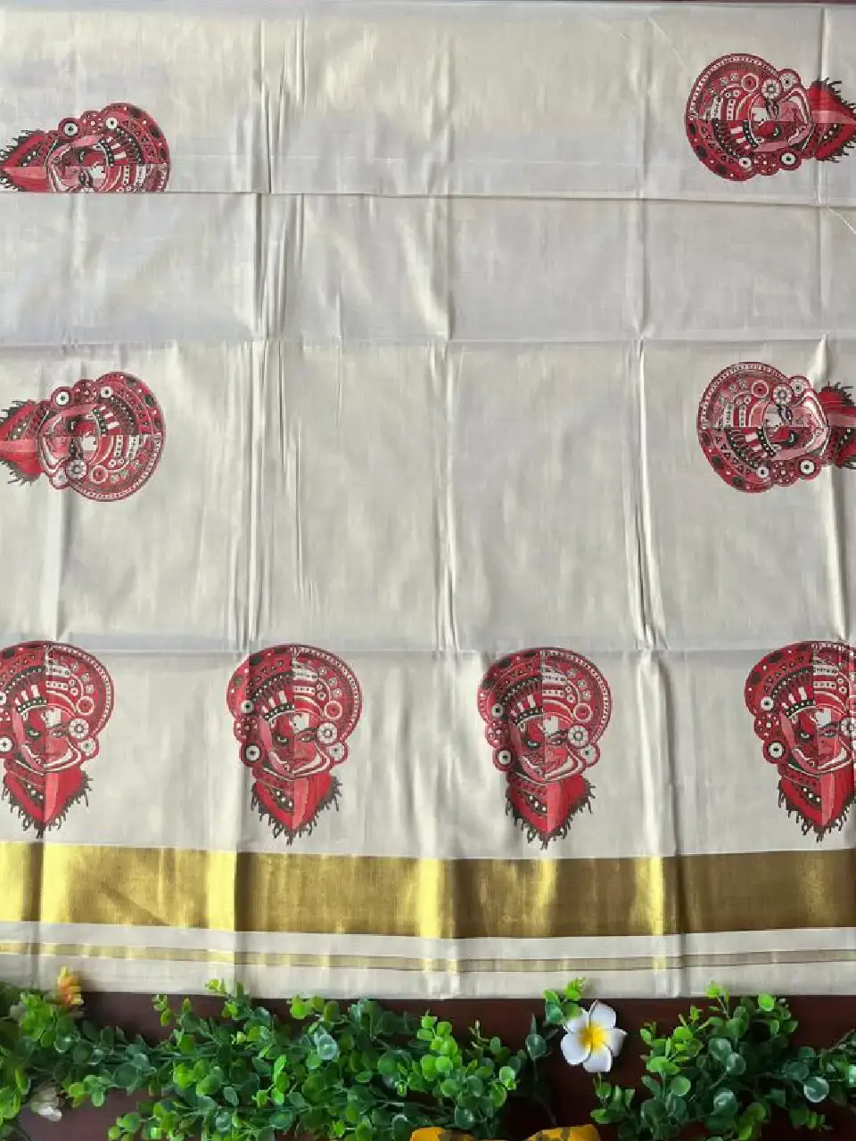 Thumbnail: Crimson Red Kathakali Motif Tissue Kerala Kasavu Saree image full view