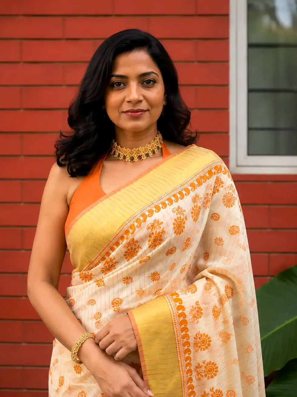 Orange Bloom Besigner Kasavu Cotton Stripe Saree image close up view