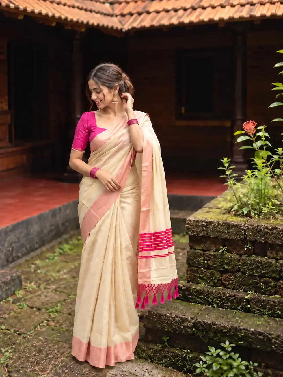 Thumbnail: Pink Border Tissue Tussel Kerala Kasavu Saree with Blouse image full view
