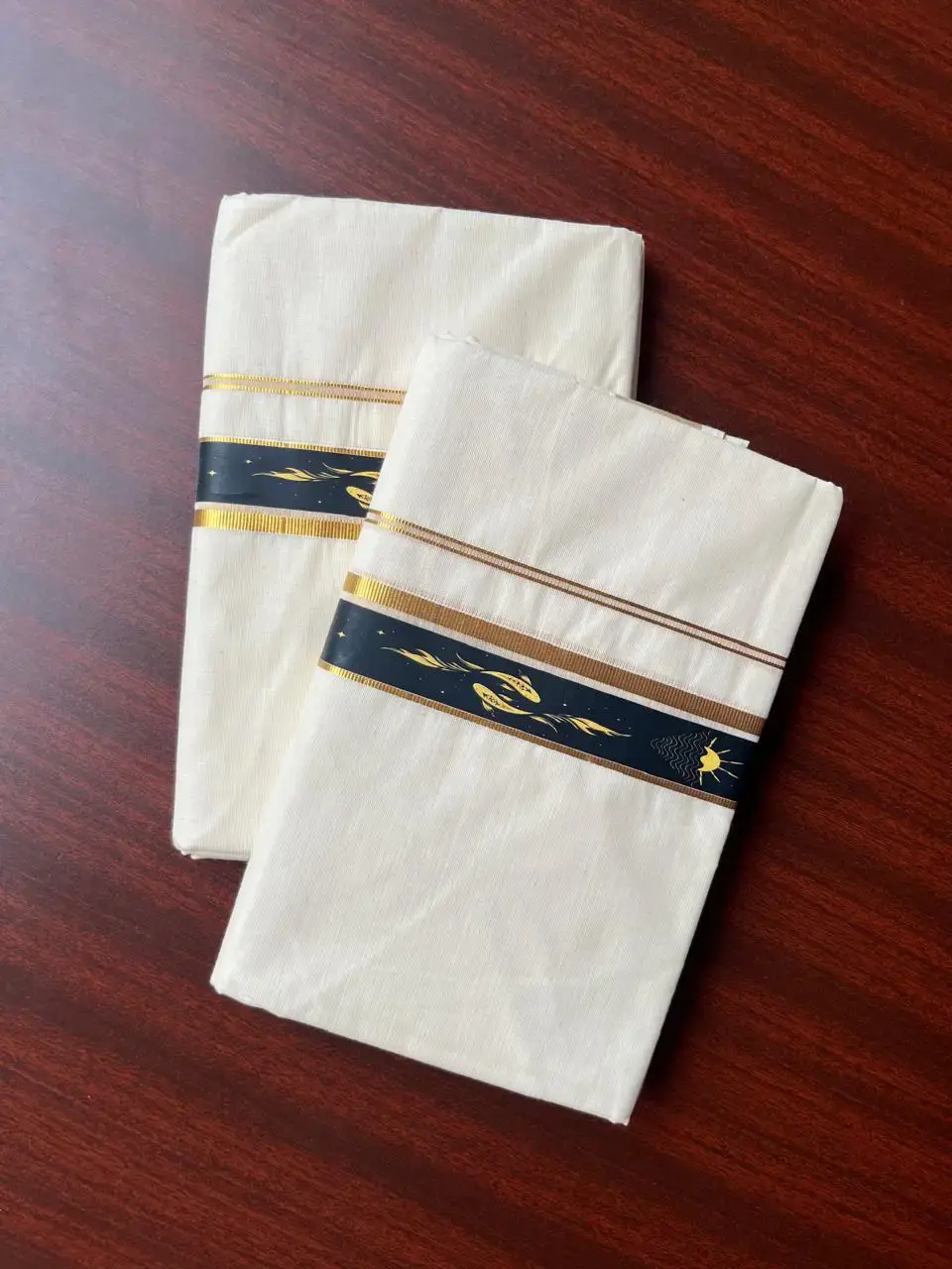Premium Golden Pisces Kasavu Double Mundu image folded view