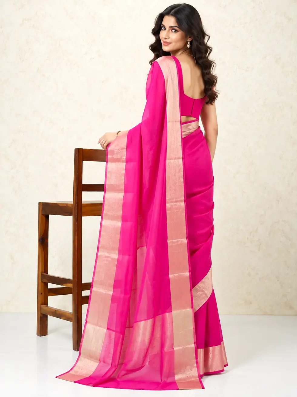 Thumbnail: Hot Pink Cotton Designer Saree with Woven Zari Border image side view