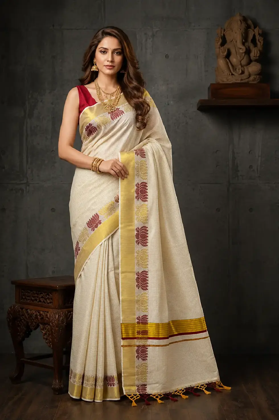 Thumbnail: Premium Maroon Tamara Tiny Zari Blocks Balarapamuram Kasavu Saree image main view