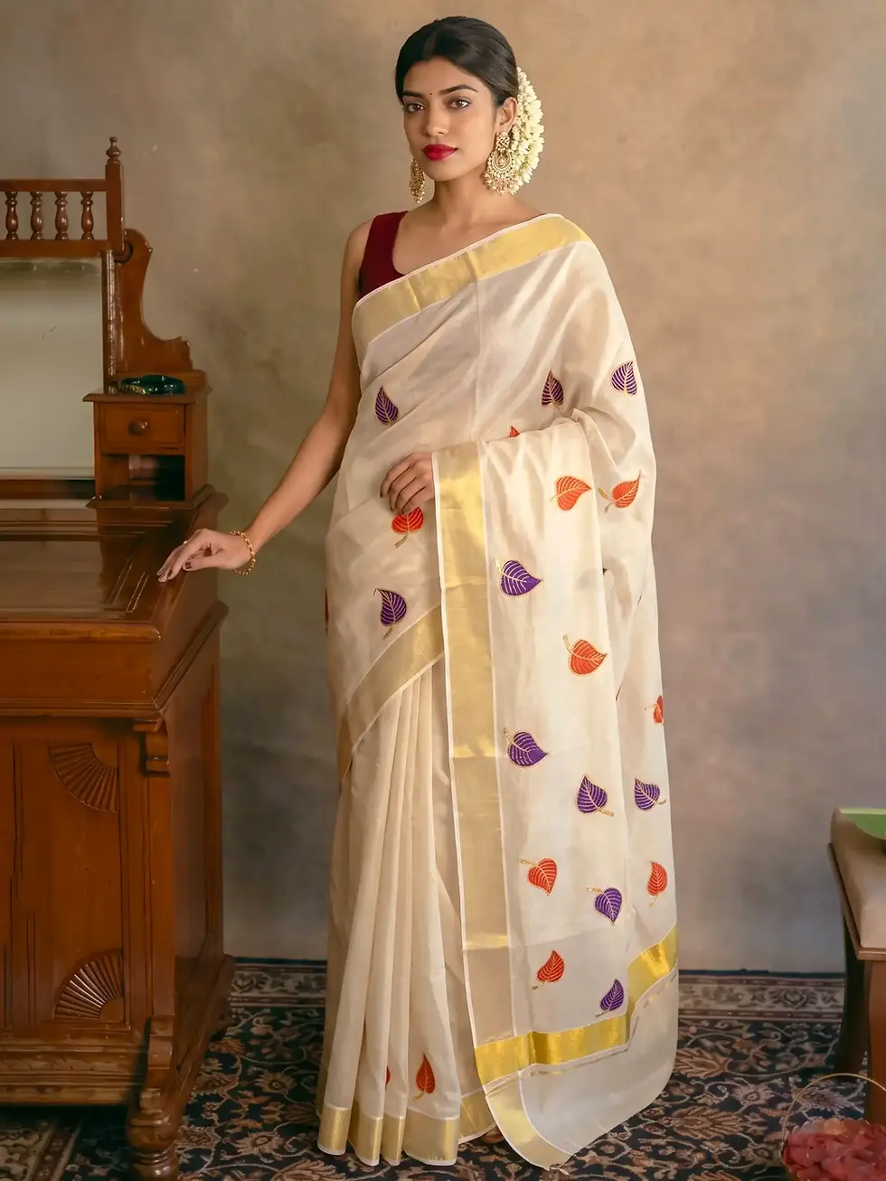 Maron and Voilet Leaf Embroidery Tissue Kerala Kasavu Saree image main view