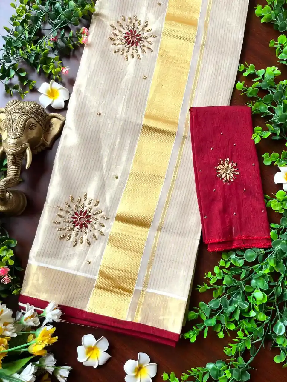 Off White Red Floral Beads Stripe Tissue Kerala Kasavu Saree with Blouse image main view