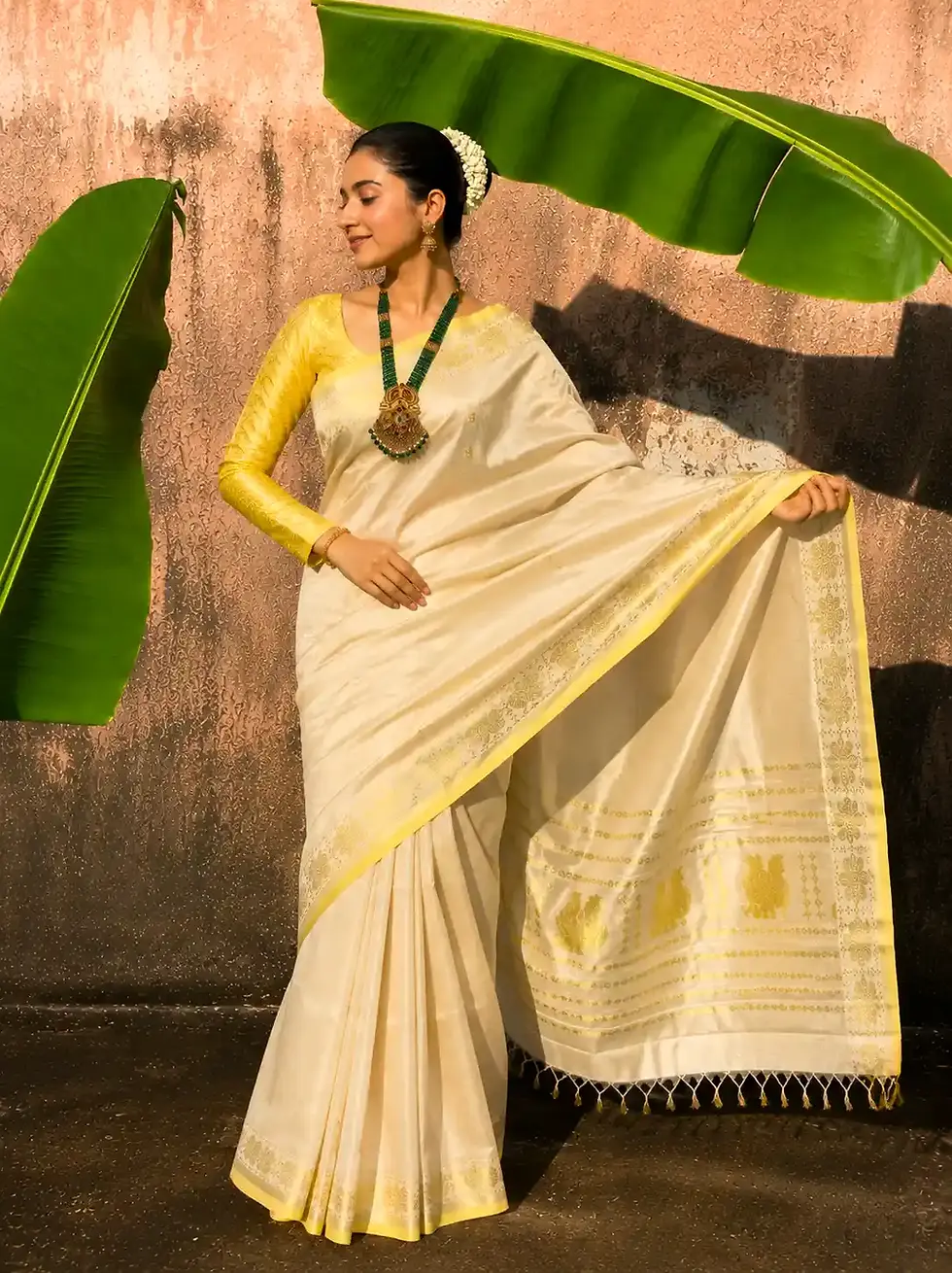 Thumbnail: Mayura Floral Buttas Handwoven Tissue Kasavu Saree with Balaramapuram Border image