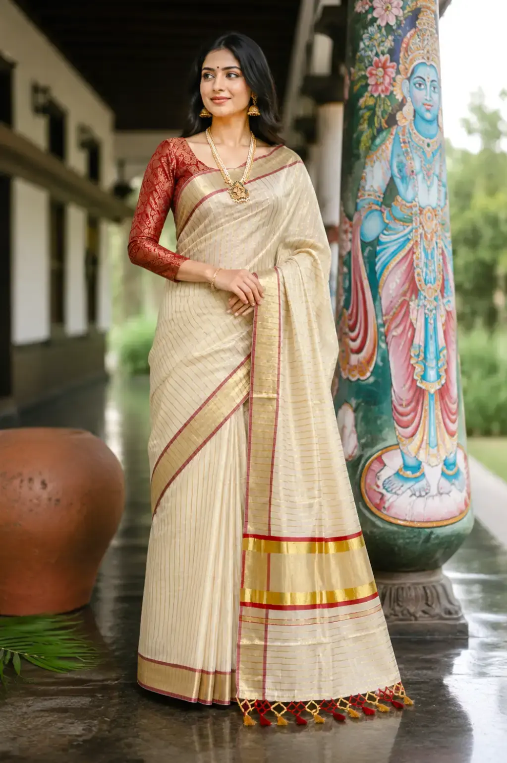 Premium Tissue Kasavu Saree with Gold Stripes & Red Border image main view