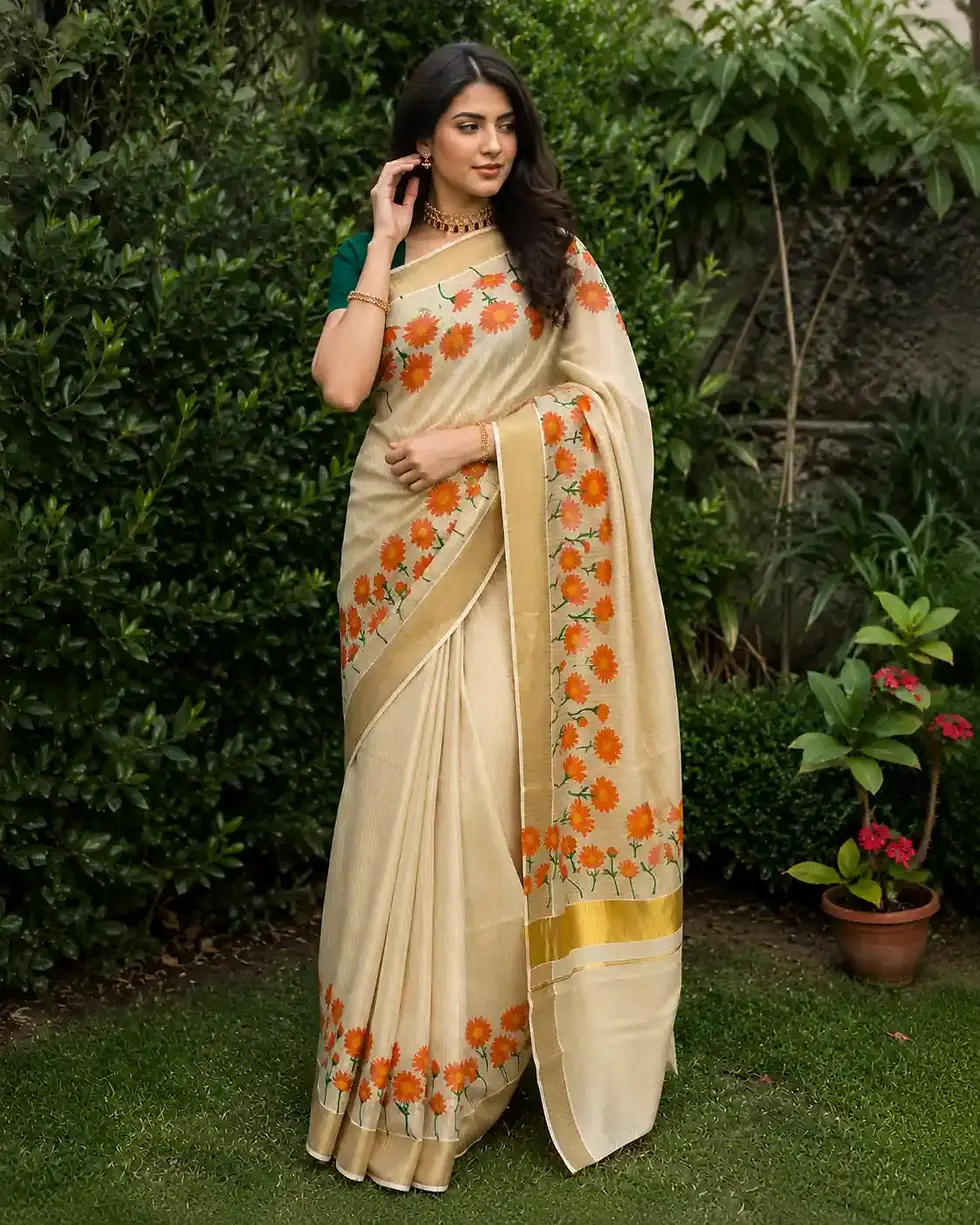 Orange Mari Gold Stripe Tissue Kerala Kasavu Saree image main view