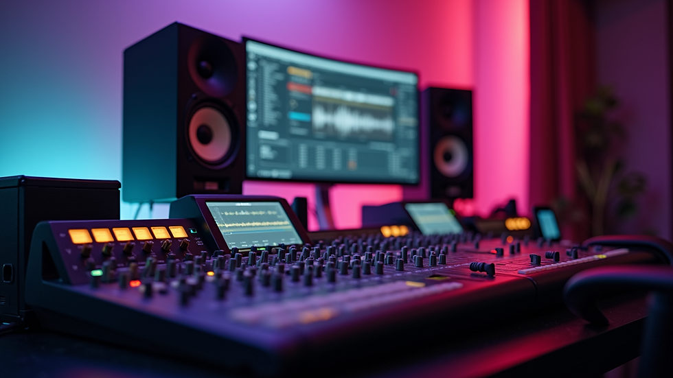 Eye-level view of audio mixing desk with monitors