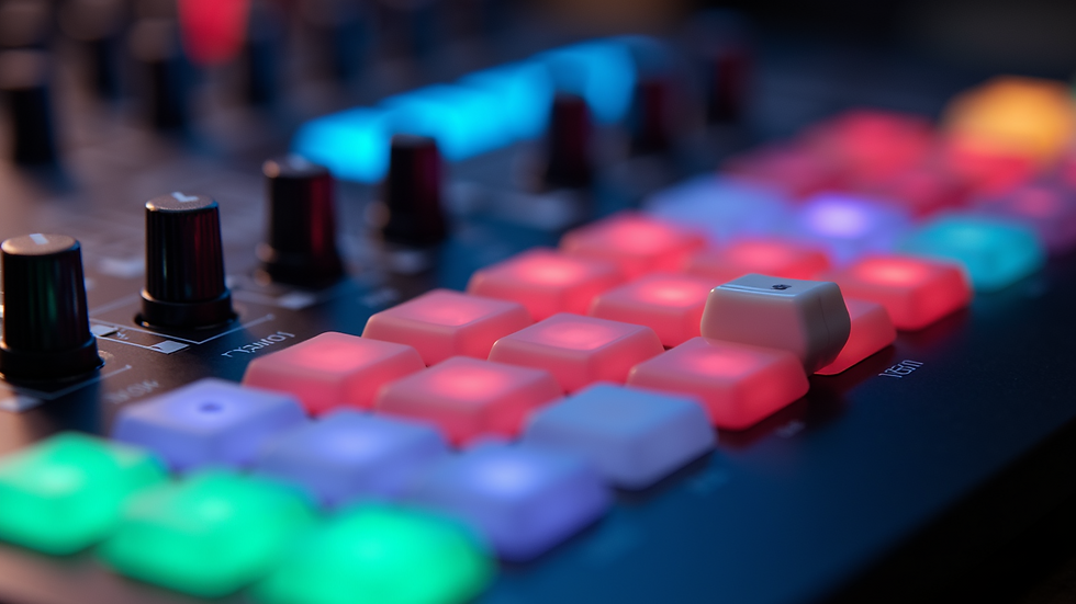 Close-up of a music mixing console with colorful buttons