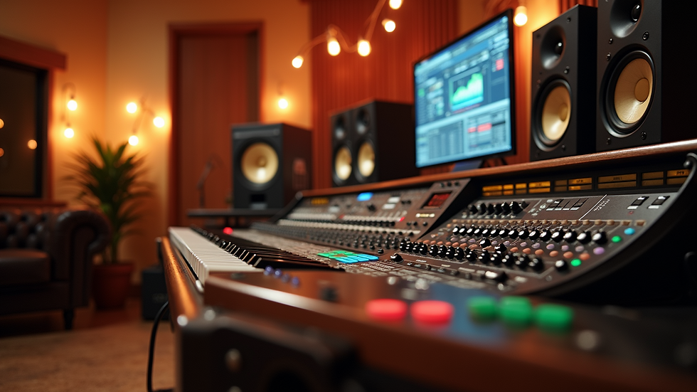 Eye-level view of a music production studio with sound equipment