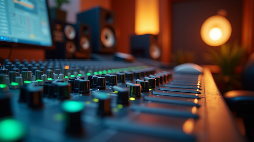 Close-up view of a professional recording studio desk