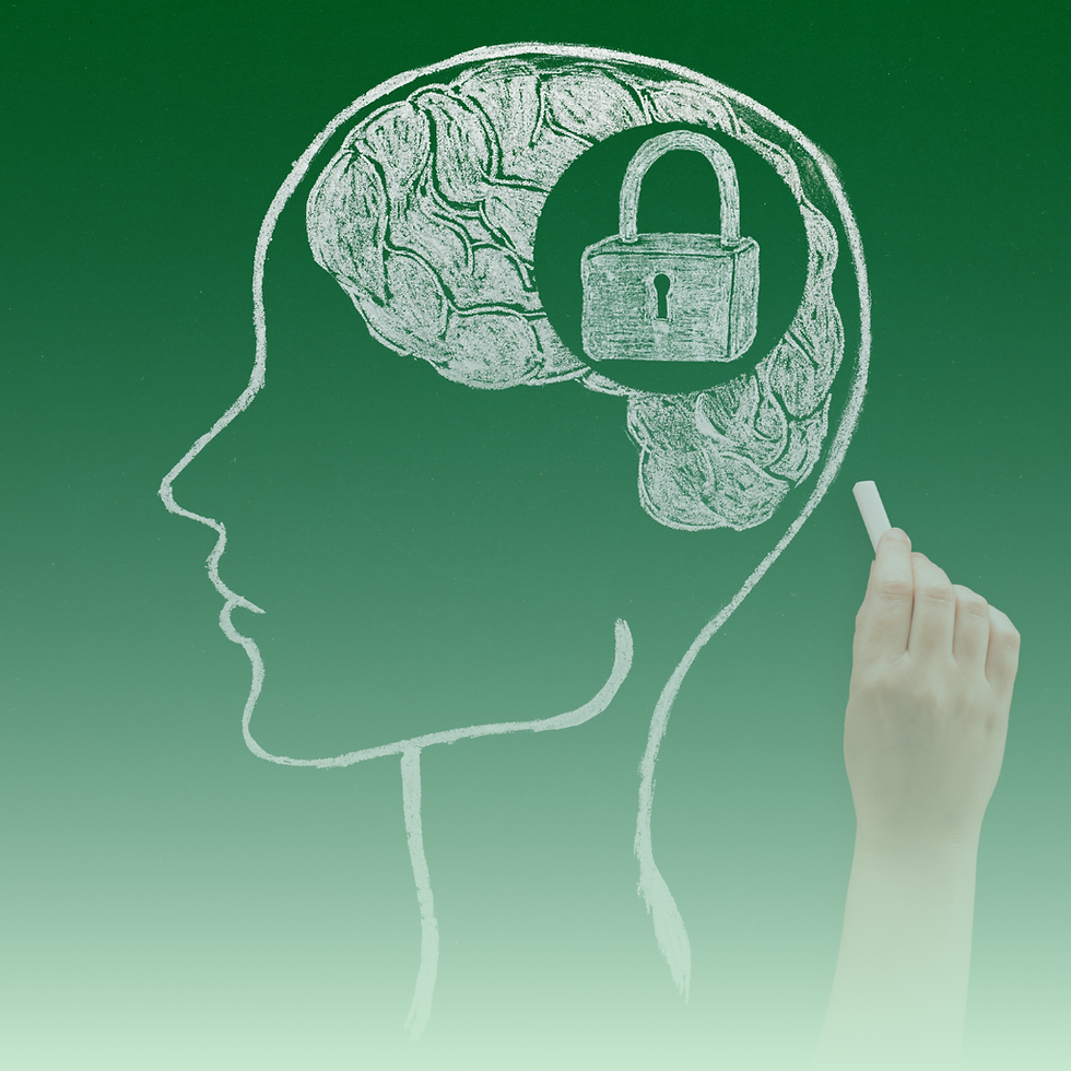 Rostro humano con un cerebro cerrado con candado, simbolizando la mente bloqueada por creencias limitantes y resistencia al cambio.