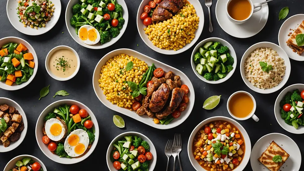 Eye-level view of a diverse healthy meal setup
