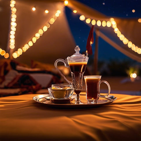 coffee tea and water served at a majlis tent in night time with lights.jpg