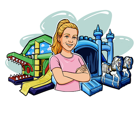 Logo Fitz und Fertig. Frau stehend vor Hüpfburgen.