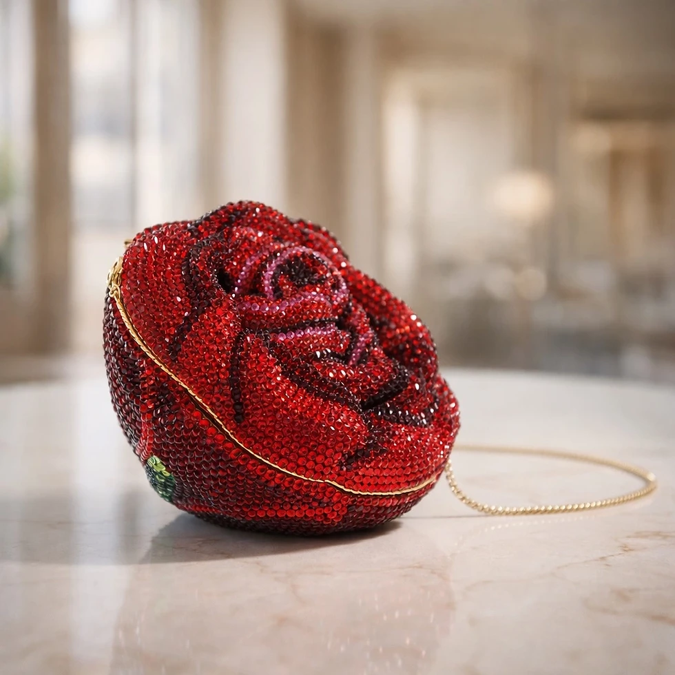 Red round crystal clutch bag with rose swirl design and gold chain strap