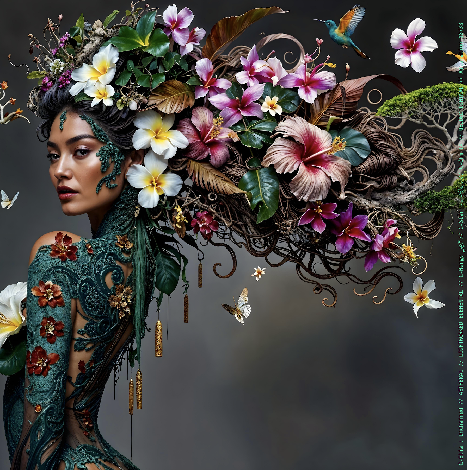 Surreal haute meta couture NFT silhouette from C Elia Unchained, Ubuded Liminal collection, merging tropical Balinese garden architecture, volcanic stone, drifting petals, incense smoke and sacred botanical couture inspired by Asian Dub Foundation’s “Witness.”