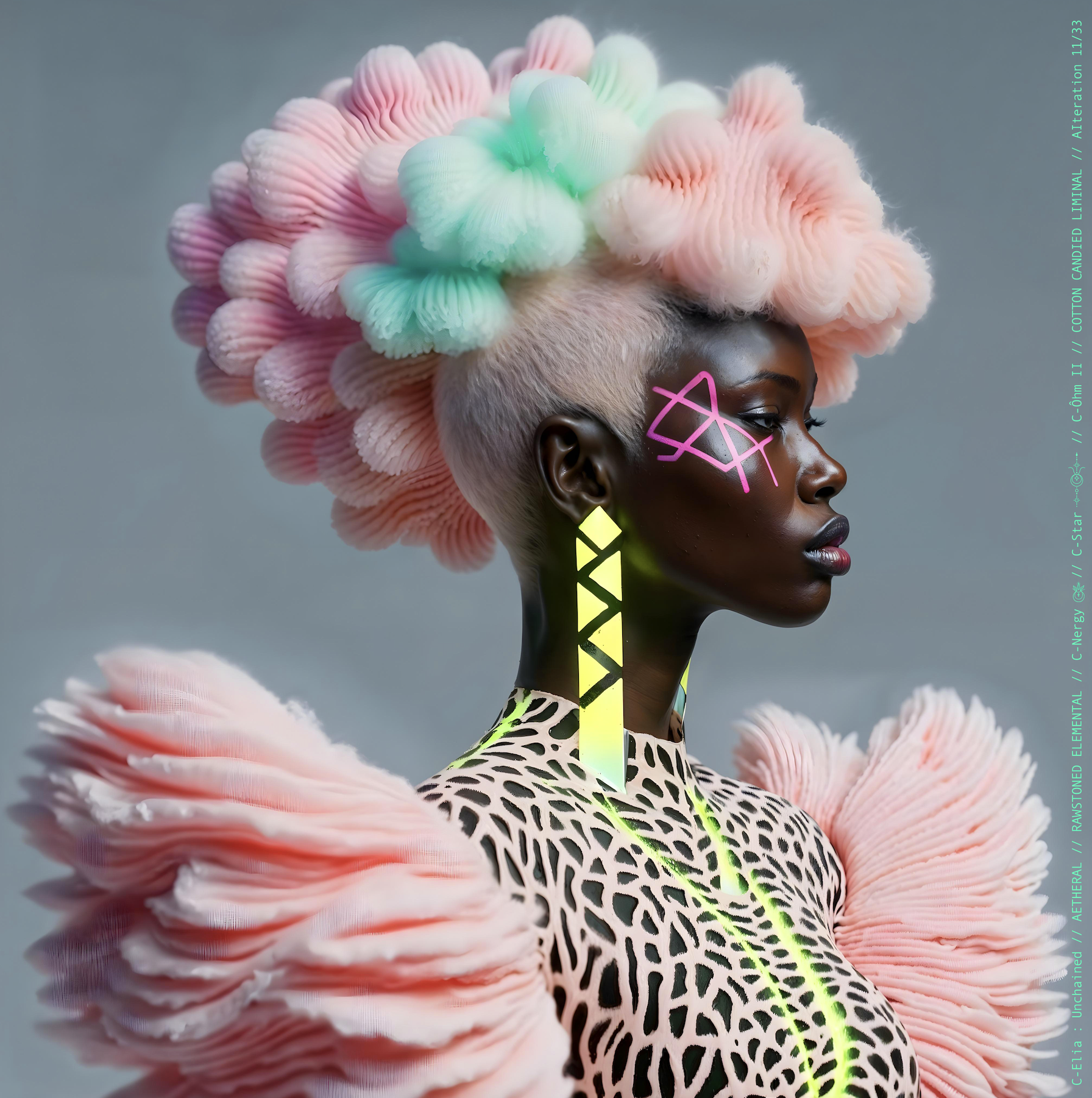 Surreal haute meta couture NFT silhouette from C Elia: Unchained, Cotton Candied Liminal collection, inspired by pastel cotton candy clouds and Khmer gold tattoos, merging sweetness, rebellion and couture into a living vaporous sculpture.