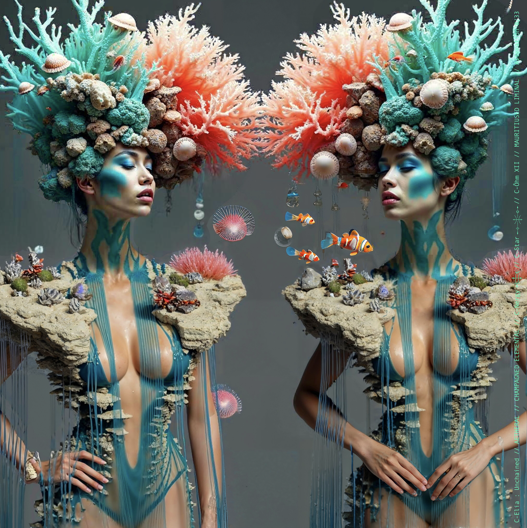 Surreal haute meta couture NFT silhouette from C-Elia: Unchained, Mauritiused Liminal collection, inspired by coral reefs and marine architecture, merging water, light and couture into a floating living sculpture