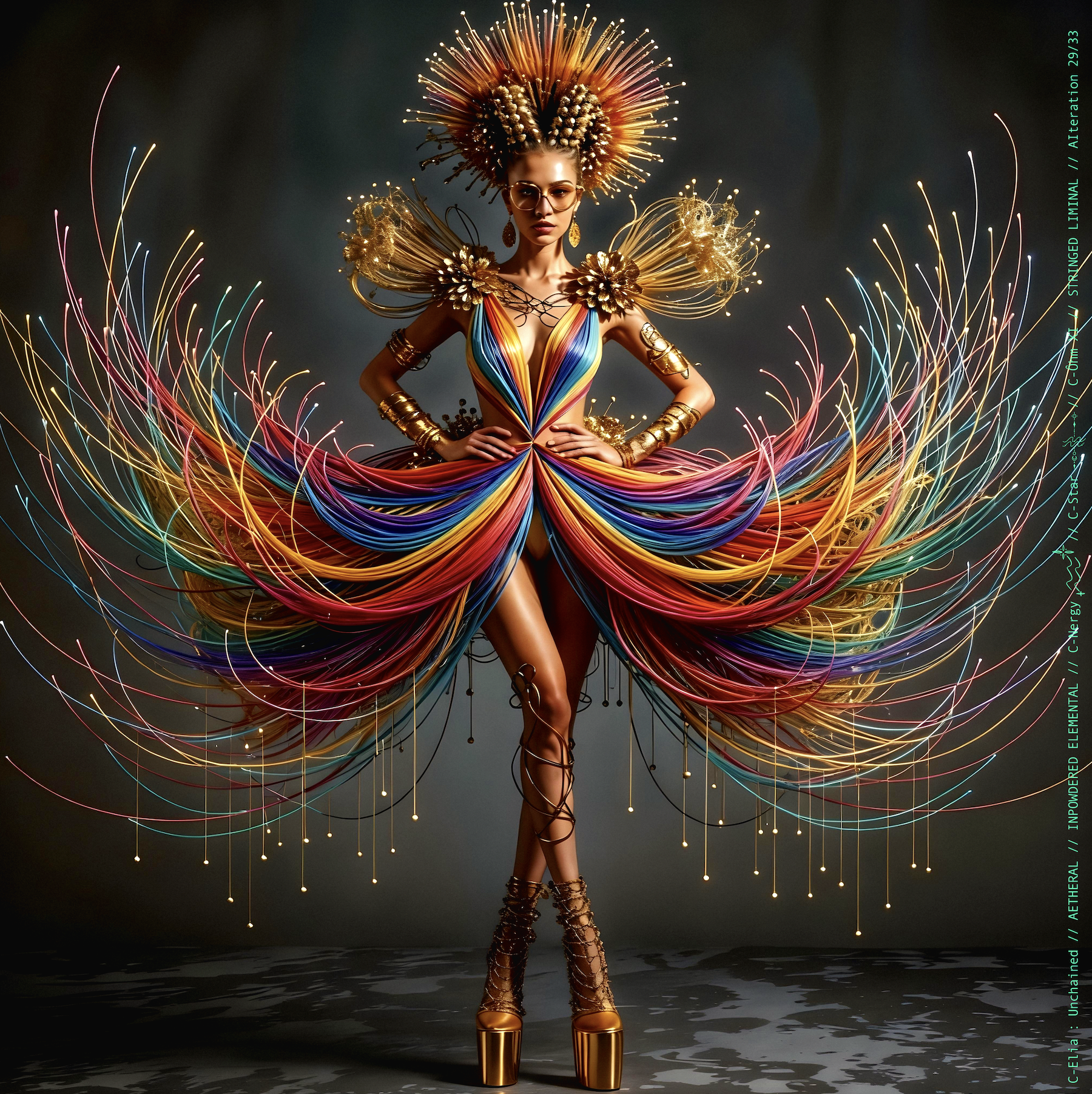 Surreal haute meta  couture NFT silhouette from C-Elia: Unchained, Stringed Liminal collection. A living sculpture made entirely of golden and colored strings, merging art, vibration and geometry into a resonant couture form.