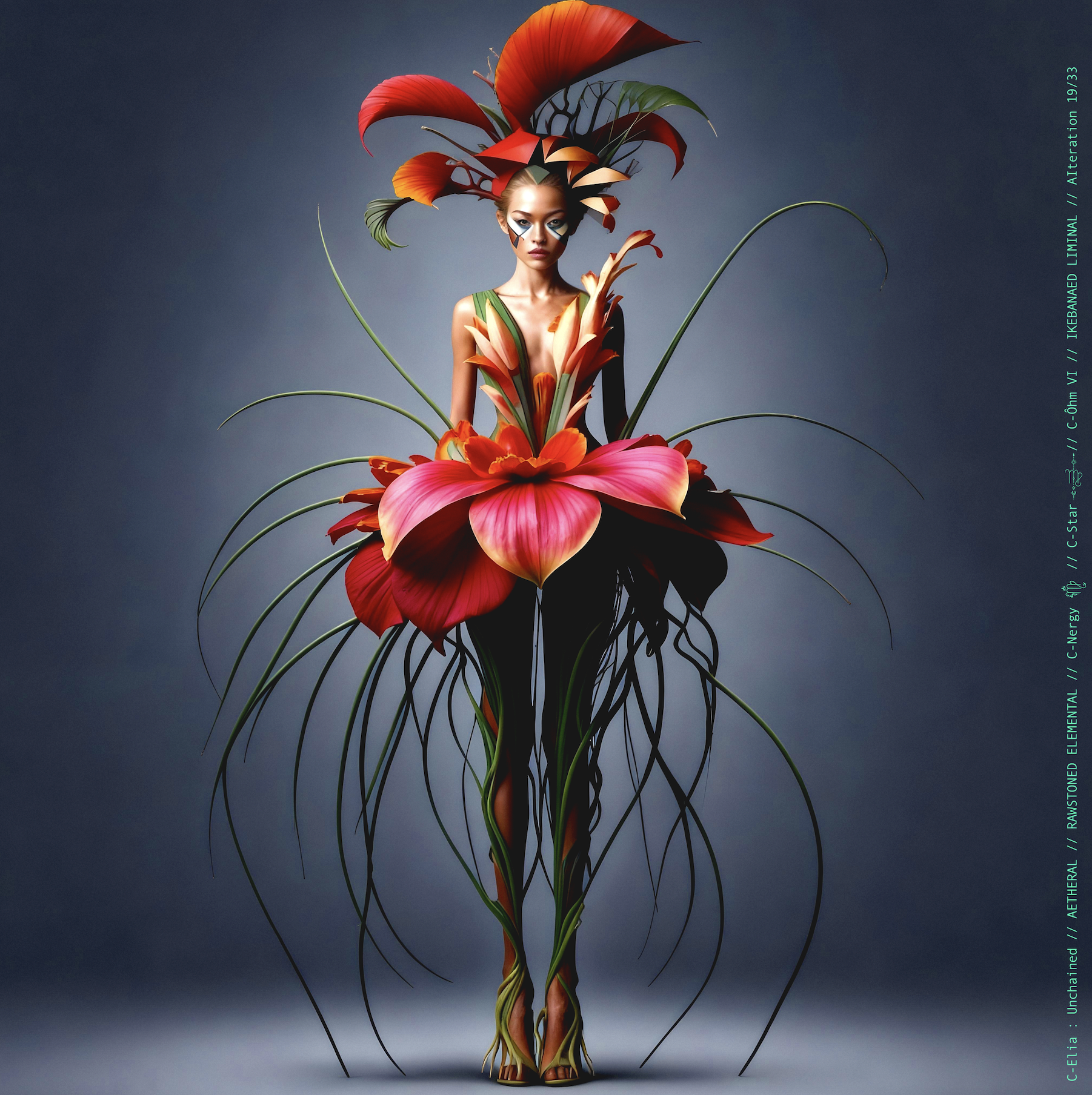 Surreal haute meta couture NFT silhouette from C-Elia: Unchained, Ikebanaed Liminal collection, inspired by floral architecture and Japanese composition, merging nature, geometry and serenity into a living couture sculpture.