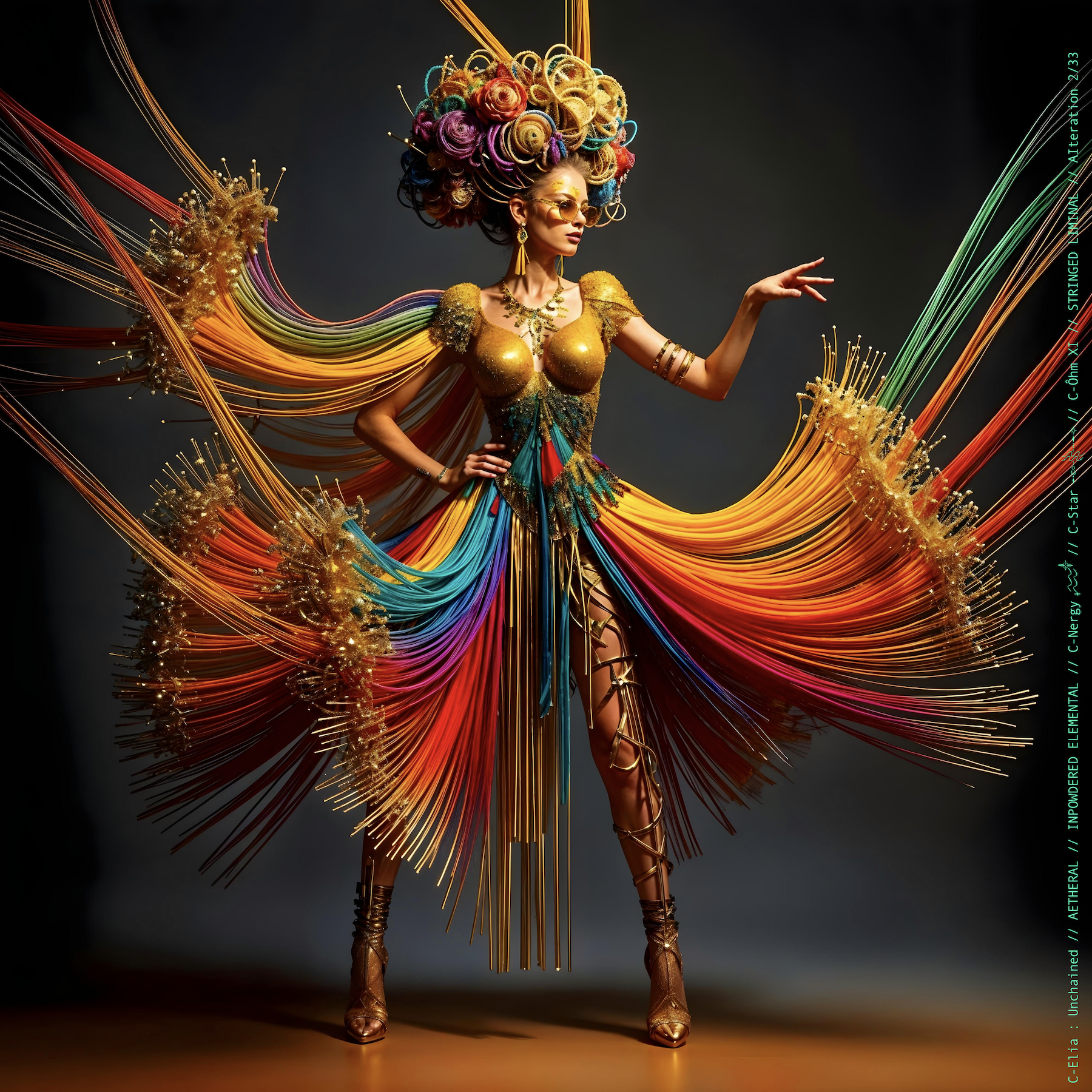Surreal haute meta  couture NFT silhouette from C-Elia: Unchained, Stringed Liminal collection. A living sculpture made entirely of golden and colored strings, merging art, vibration and geometry into a resonant couture form.