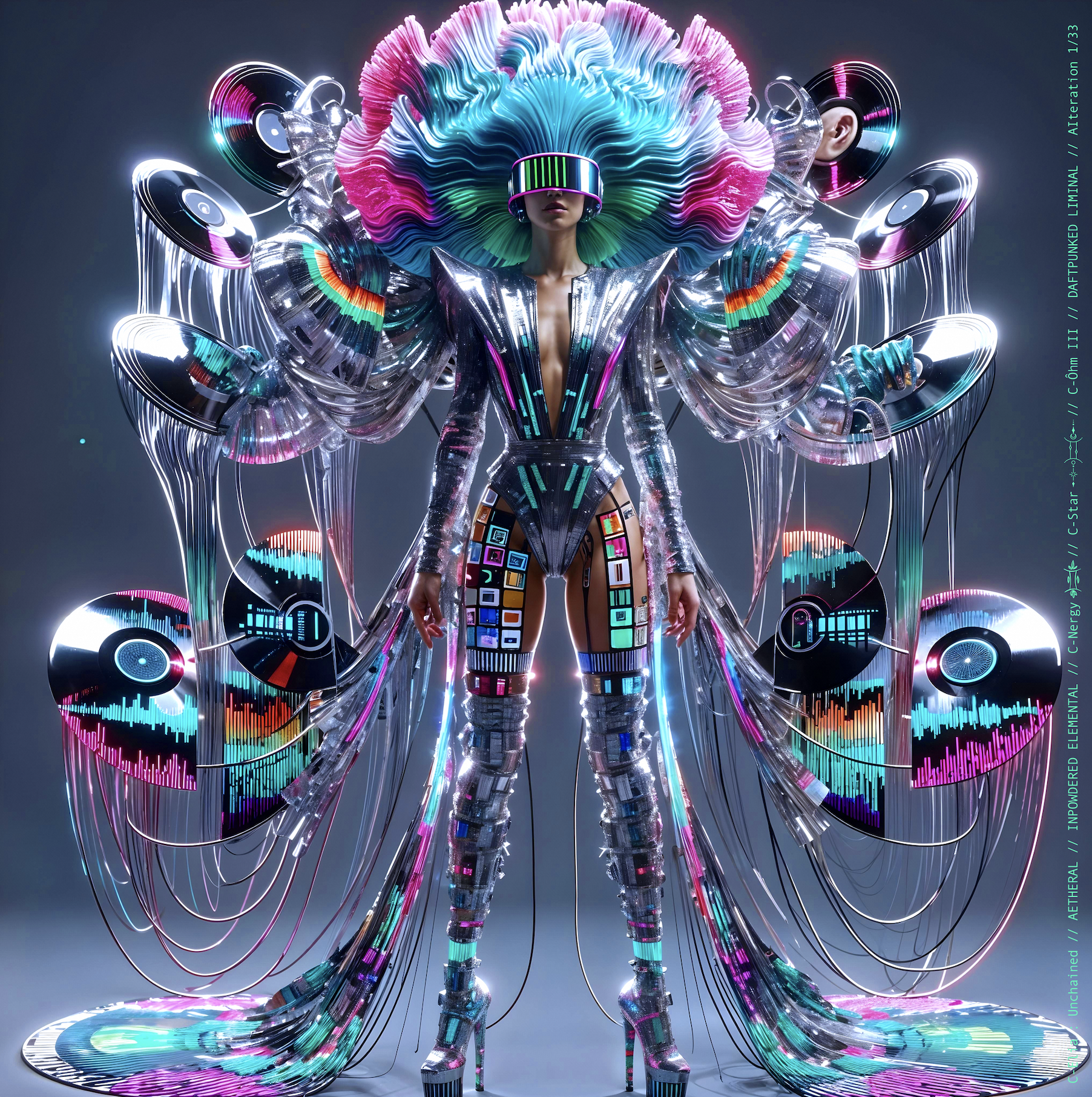 Surreal haute meta couture NFT silhouette from C Elia Unchained, Daftpunked Liminal collection, inspired by electronic neon aesthetics and the luminous frequencies of Daft Punk Alive 2008, merging holographic vinyl, glitch light and couture architecture.

