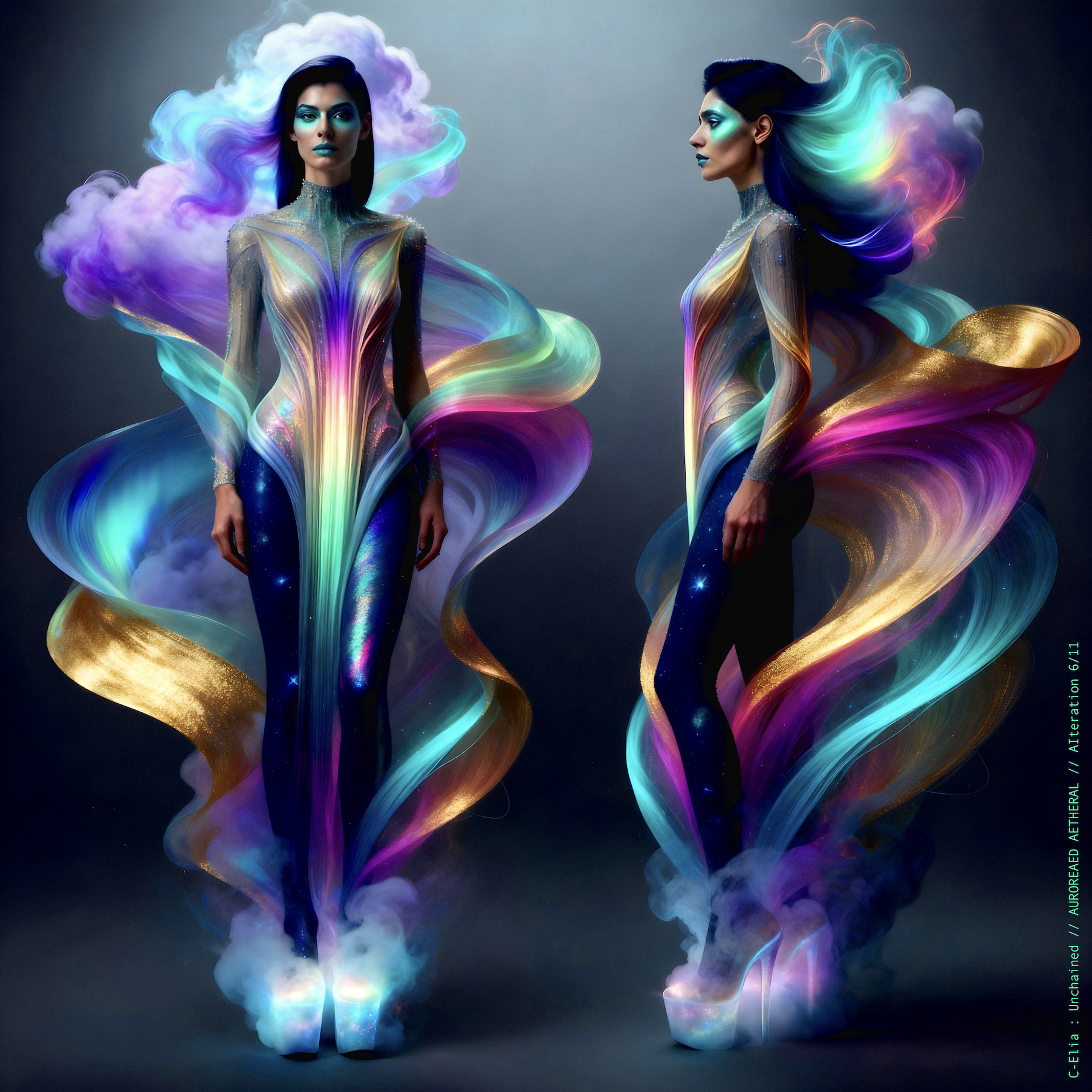 Surreal haute meta couture NFT silhouette from C Elia Unchained, Auroreaed Aetheral collection, formed from aurora borealis clouds, vaporous gradients, celestial mist and atmospheric couture inspired by M I A’s Matangi Mixtape by Kenzo.