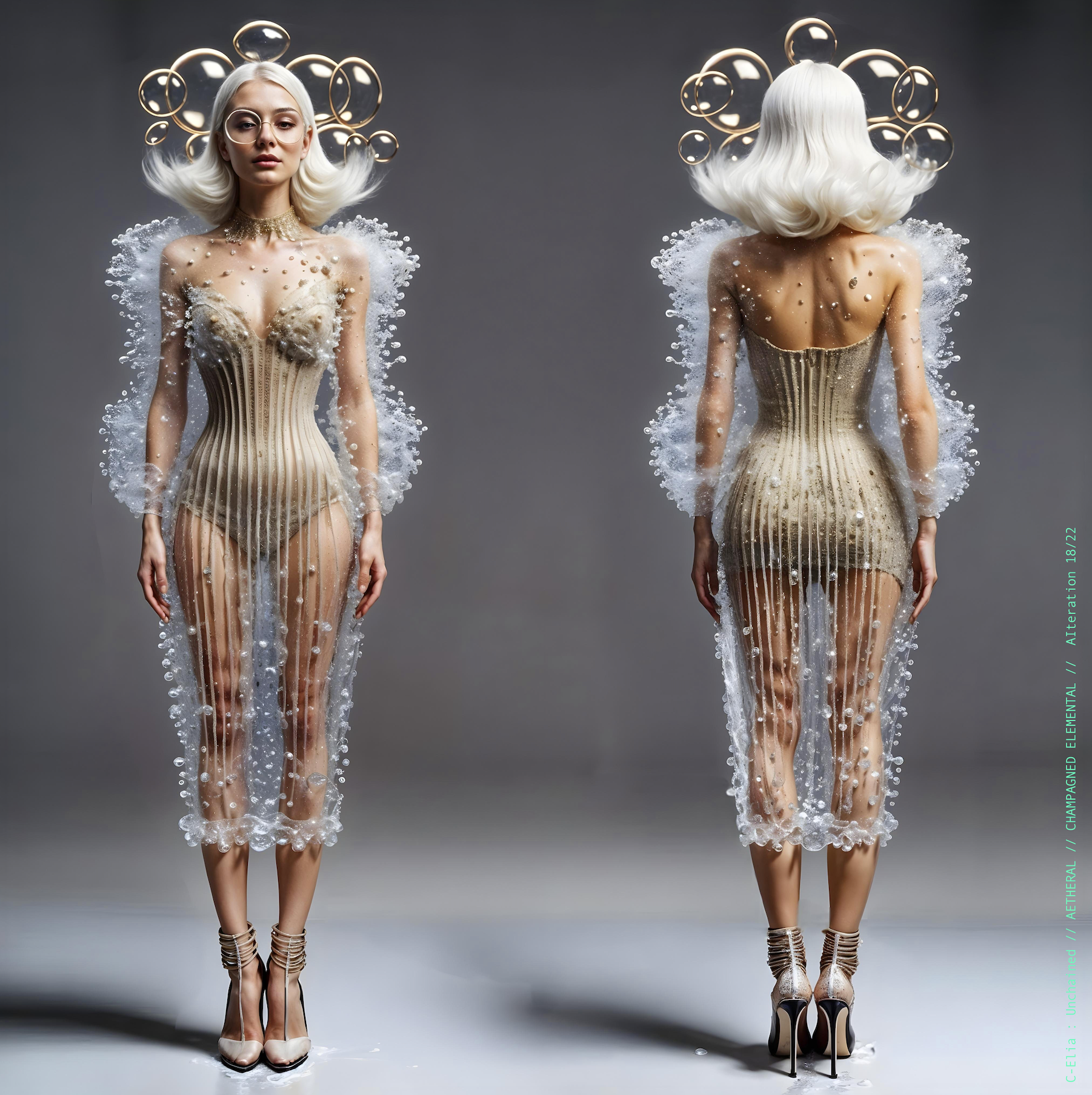 Surreal haute meta couture NFT silhouette from C Elia Unchained, Champagned Elemental collection, formed from transparent champagne bubbles, liquid cascades and retro futuristic white wave hair sculpted into effervescent couture.